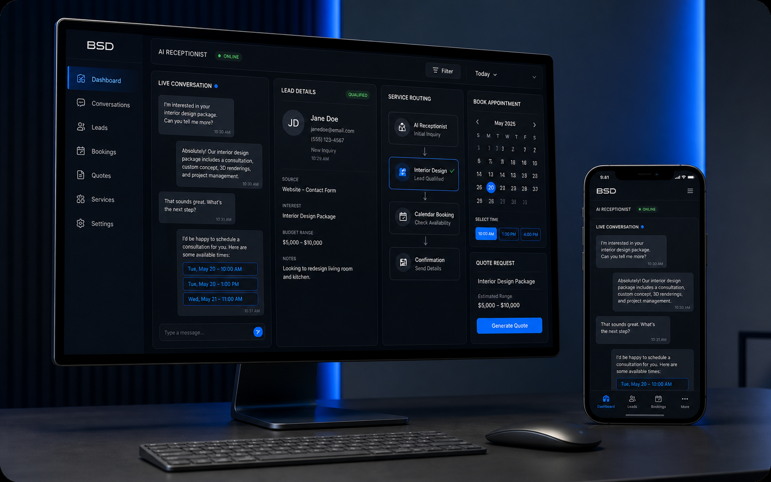 AI receptionist dashboard mockup with chat and booking panels