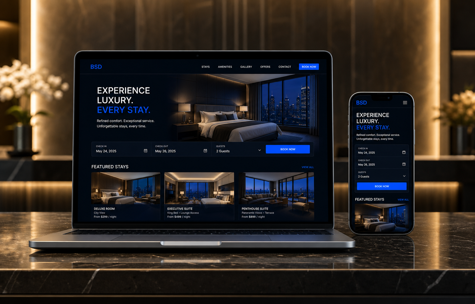 Luxury hotel booking website mockup on laptop and phone