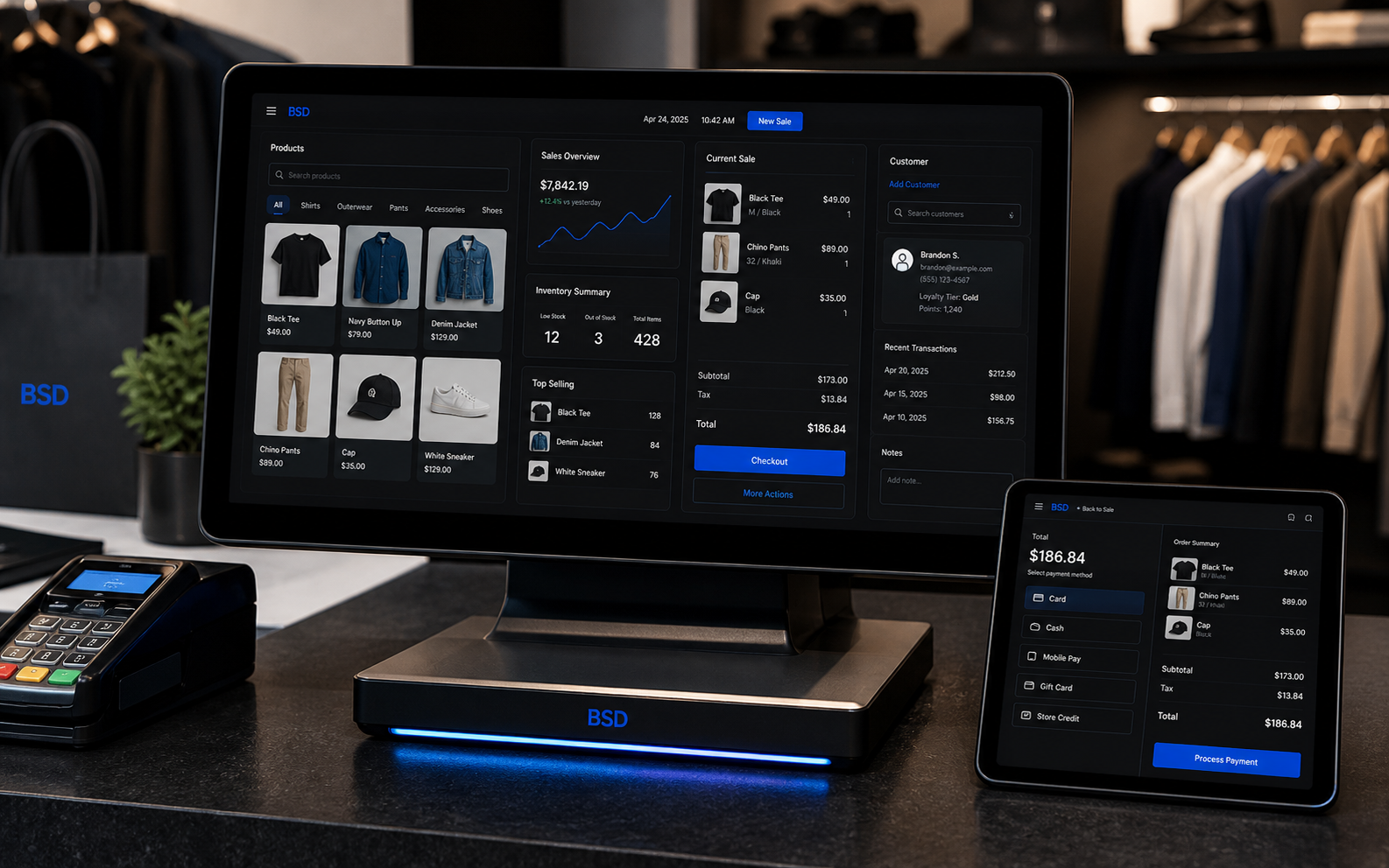 Retail POS dashboard mockup on touchscreen terminal